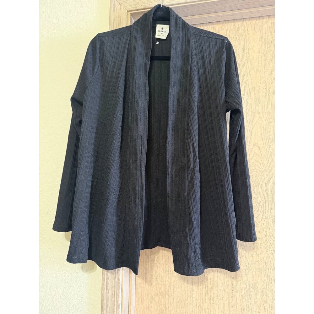 Agenda Black Ribbed Open-Front Cardigan, Size Medium, Lightweight Long Sleeve La